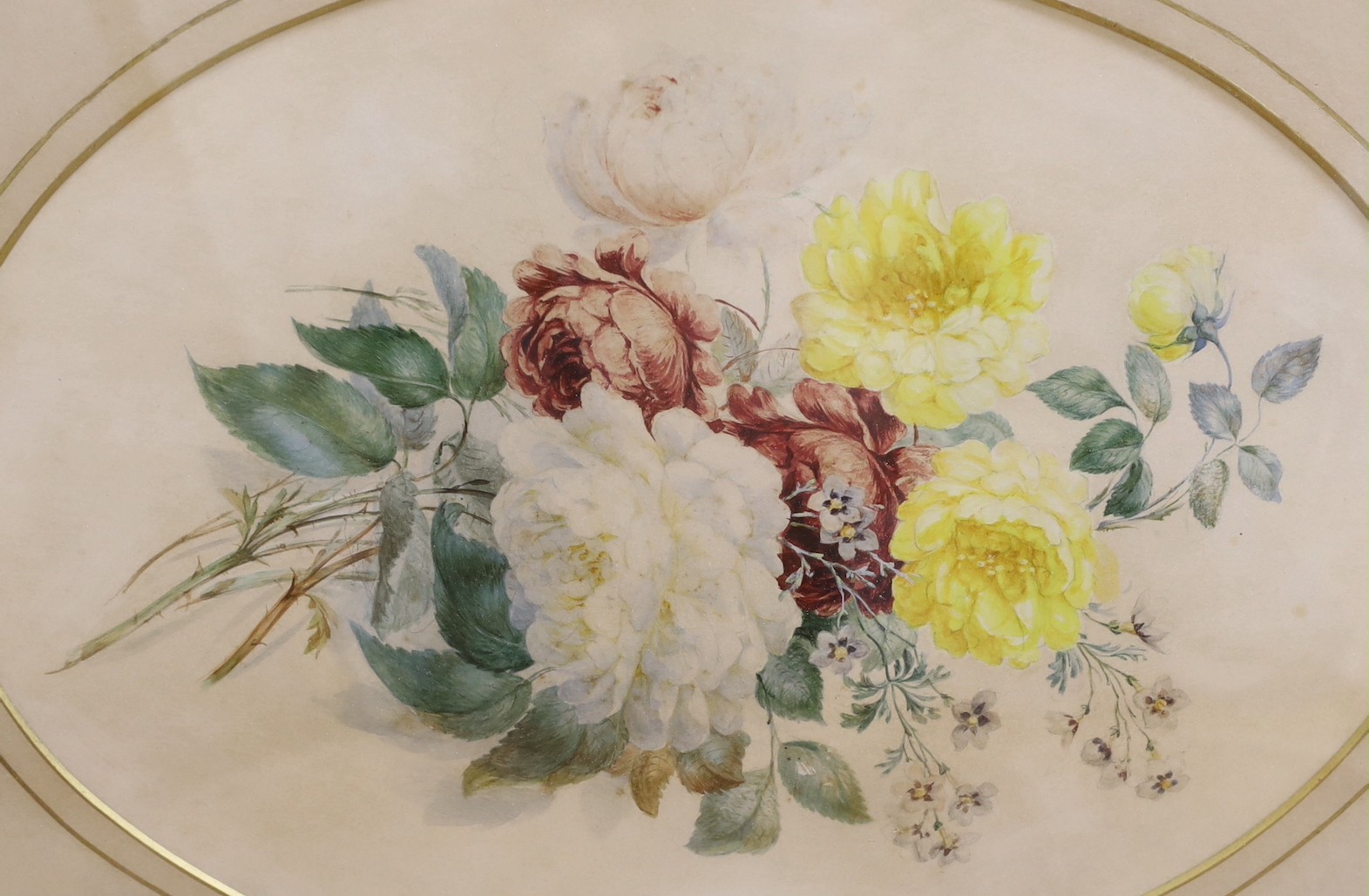William Hyams (1878-1952), watercolour, Sussex landscape, label verso, 21 x 31cm and two oval watercolours of flowers